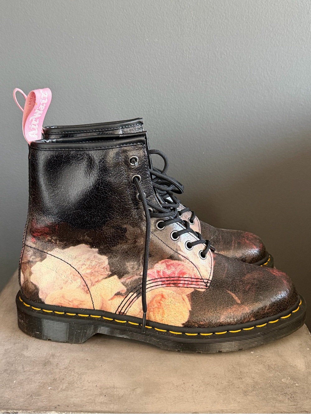 Collectable Dr. Martens Black Leather Lace-Up Boots with Pink Floral Print